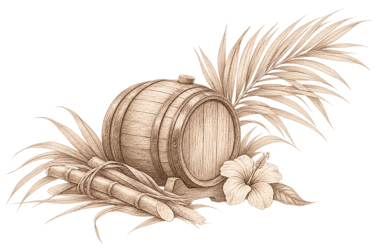 Illustration of a rum barrel with sugarcane, palm fronds, and an amapola flower